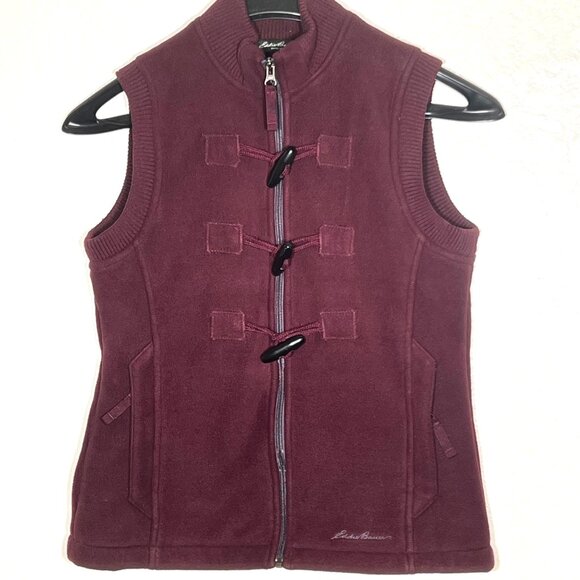 Eddie Bauer Women's Burgundy Fleece Vest Toggle-Zip Closure Ribbed Trim XS - Picture 1 of 12